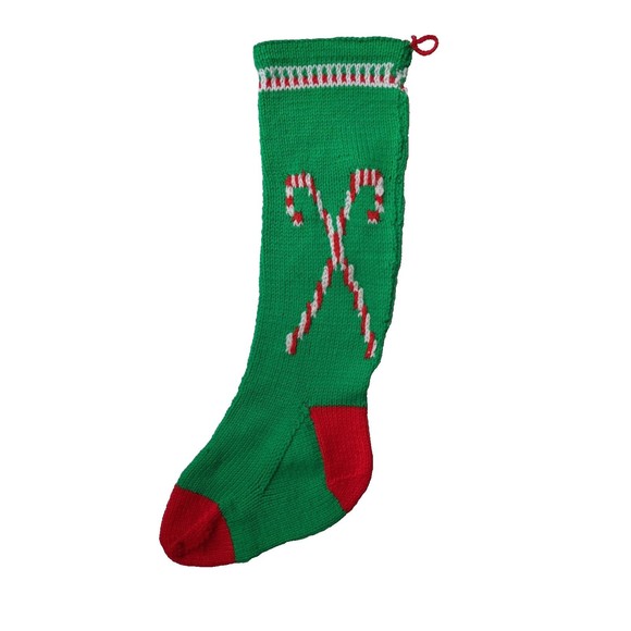 Vintage Hand Knit Wool Christmas Stocking Snowman Candy Cane Jingle Bell Kitschy - Picture 2 of 8